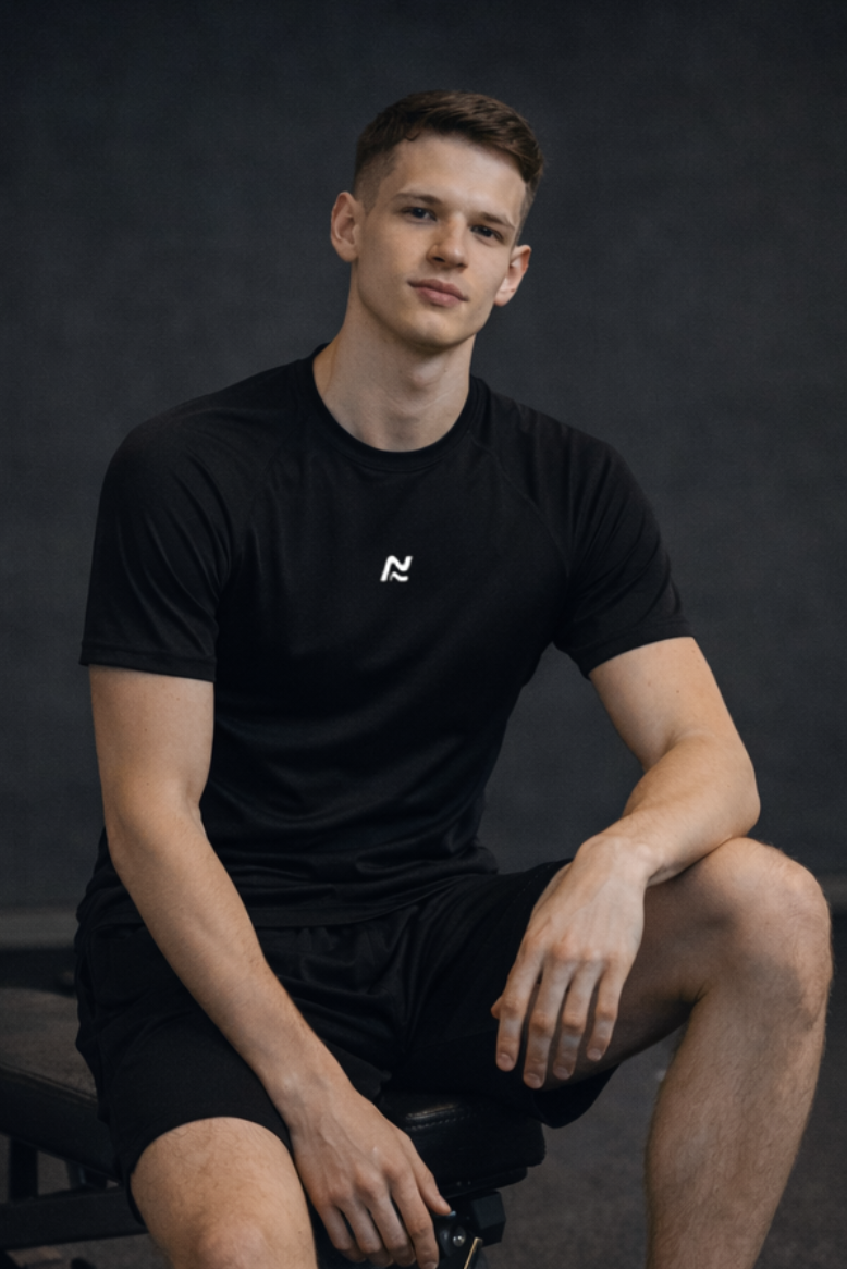 Man sitting on a weight bench in a gym wearing a black t-shirt with a logo.